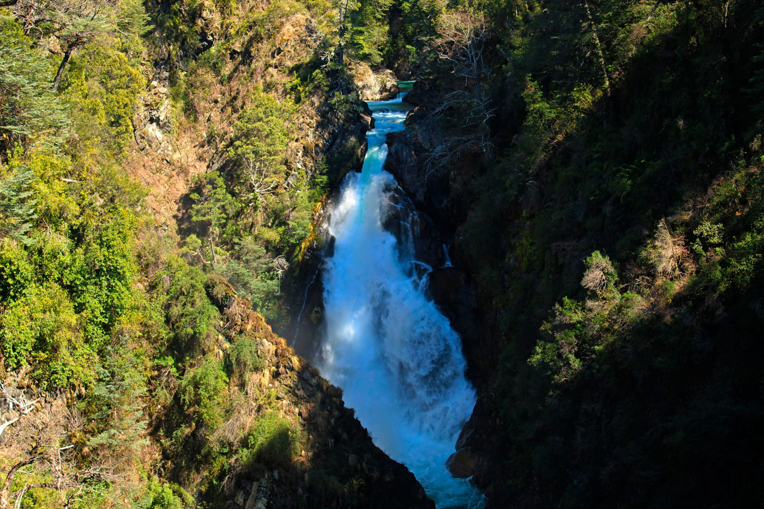 Aerial view of the impressive Chachín waterfall in San Martín de los Andes